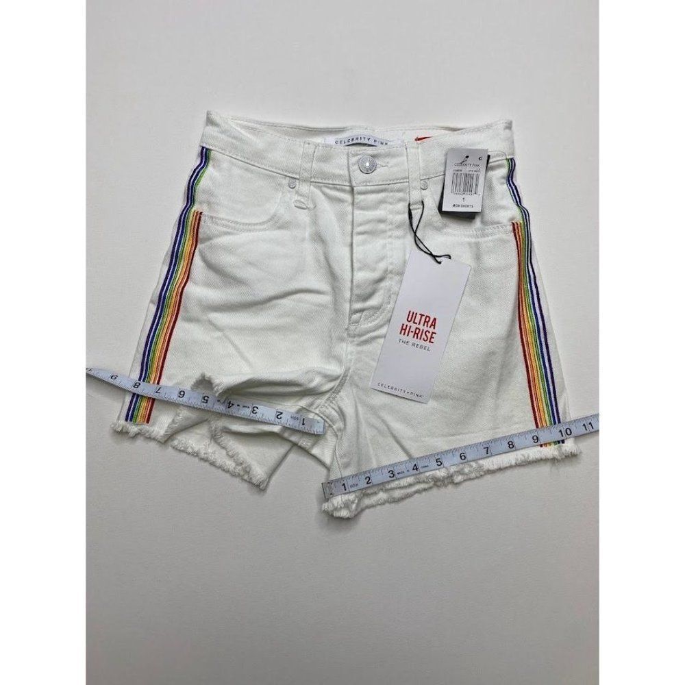 Celebrity Pink Jean Shorts 0 White Juniors' Rainbow Stripe Stretch Raw-Hem NEW - Picture 4 of 13